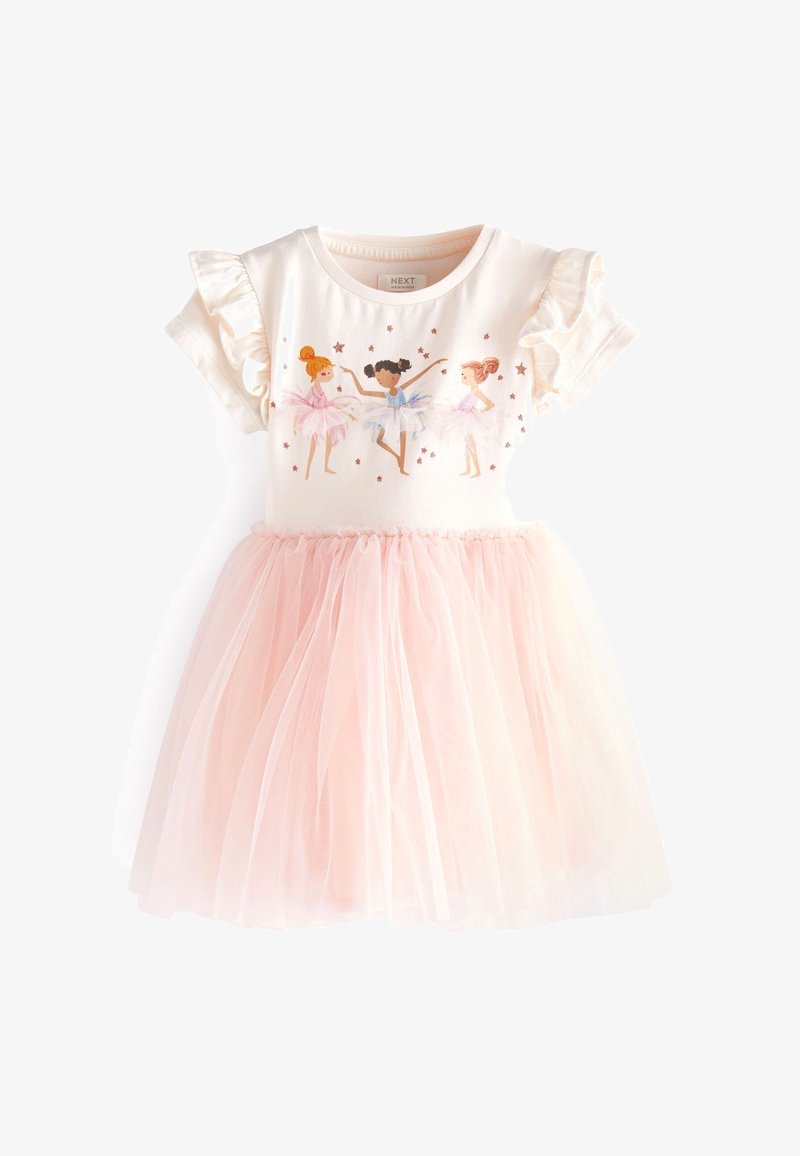 Weißes Kleid mit einem rosa Tüllrock, das ein figurnahes Oberteil mit Balletttänzern und Funken verziert hat. Rüschensleeves verleihen dem Kleid Detail.