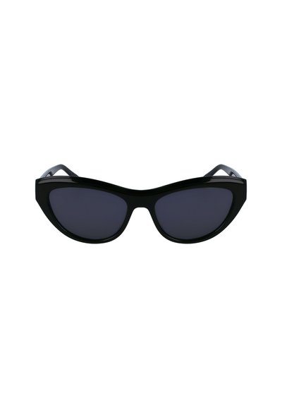 Schwarze Katzenaugen-Sonnenbrille mit dunklen Gläsern und glänzendem Plastikrahmen. Sie hat eine ausgeprägte, kantige Form und zugespitzte Seiten.