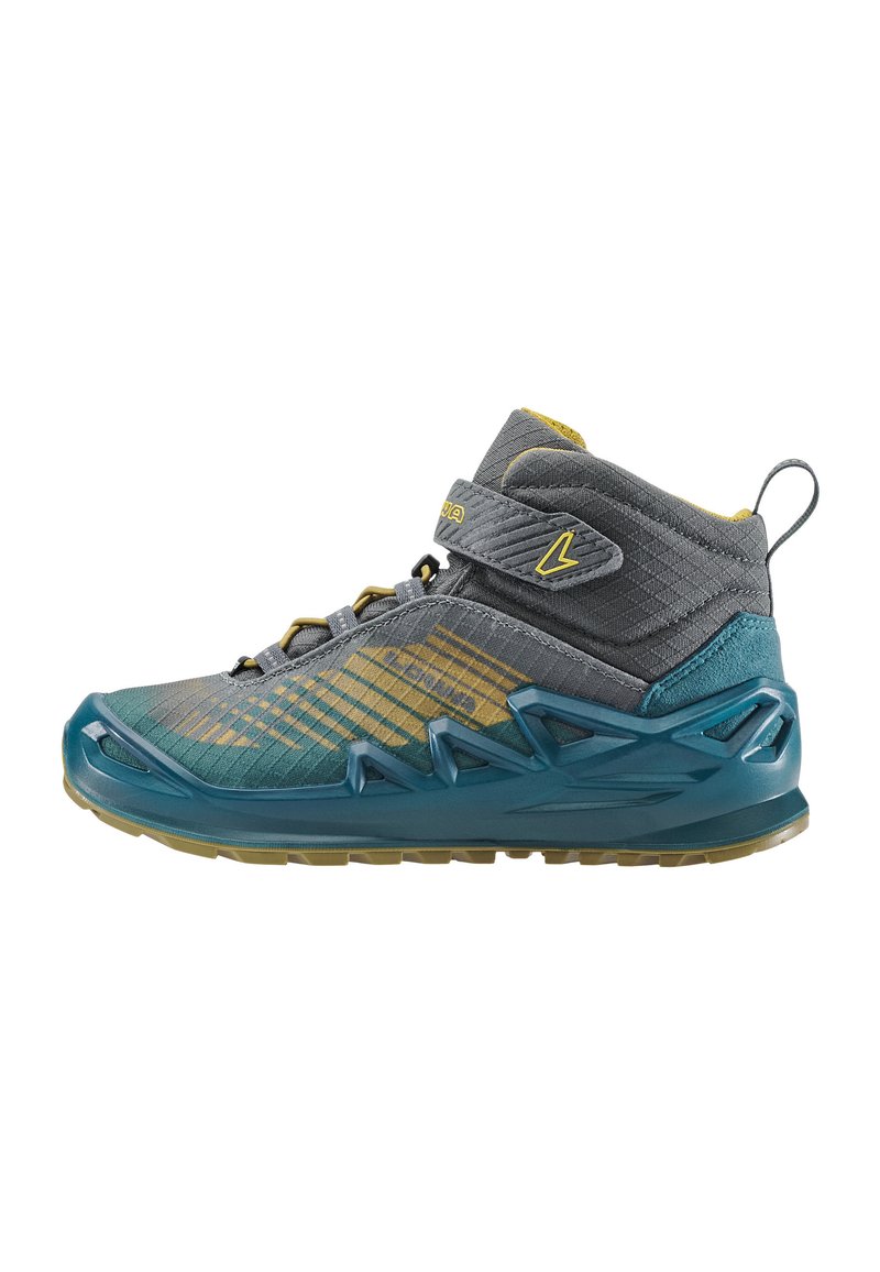 Scarpe da trekking alte in grigio e teal, con una tomaia testurizzata, dettagli gialli, sistema di lacci regolabile e suola robusta per una buona trazione.