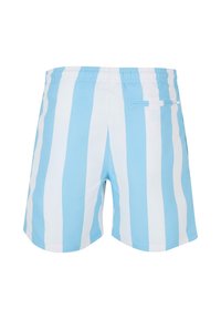 Blaue und weiße gestreifte Badeshorts mit elastischem Bund und einer Gesäßtasche. Hergestellt aus glattem, leichtem Material.