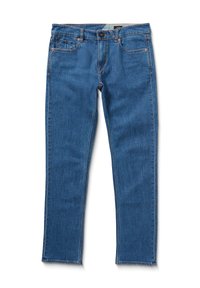 Jeans in denim blu con un design classico a gamba dritta, cinque tasche e cuciture arancioni sui bordi. Tessuto resistente con una superficie liscia.