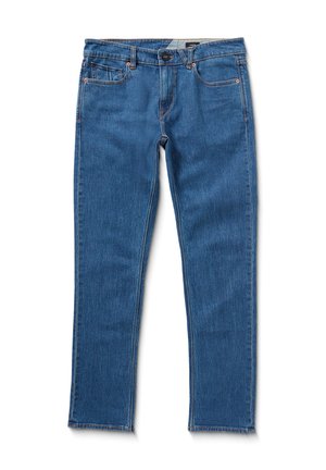 Blue denim jeans with a classic straight-leg design, five pockets, and orange stitching on seams. Durable fabric with a smooth texture.