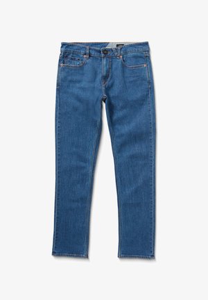 Blue denim jeans with a classic straight-leg design, five pockets, and orange stitching on seams. Durable fabric with a smooth texture.