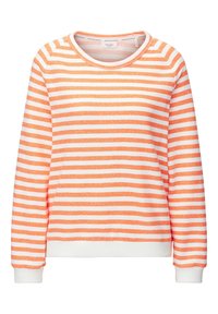 Oranssi-valkoraidallinen collegepaita pyöreällä pääntiellä, pitkillä hihoilla ja karkealla kankaalla. Resorit hihansuuissa ja helmassa.