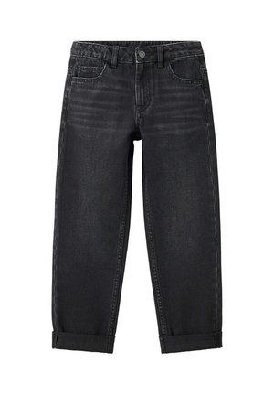 Jeans neri in denim con risvolti, bottone e cerniera frontali, passanti per cintura e design a cinque tasche.