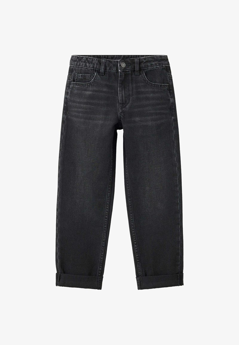 Jean en denim noir avec revers roulés, bouton et fermeture éclair à l'avant, passants de ceinture et design cinq poches.