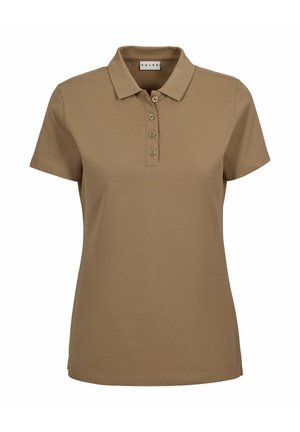 Kortbruin poloshirt met korte mouwen, vier knopen en een kraag, afgebeeld tegen een effen witte achtergrond.