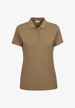 Kortbruin poloshirt met korte mouwen, vier knopen en een kraag, afgebeeld tegen een effen witte achtergrond.