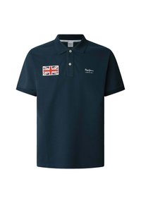 Navyblauwe poloshirt gemaakt van katoen, met een witte geborduurde Union Jack-patch op de borst en logo-tekst, met een klassieke kraag.