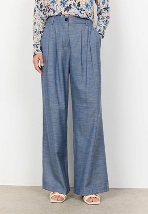 Light blue wide-leg trousers made of woven fabric, featuring front pleats, side pockets, and a button closure at the waistband.
