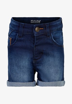 Pantaloni shorts in denim di un blu scuro con orli arrotolati, dotati di chiusura frontale con bottone e quattro tasche; design minimalista con lieve scolorimento.