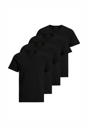Pakket van vier zwarte katoenen T-shirts. Elk heeft een ronde hals, korte mouwen en een zachte textuur zonder zichtbare patronen of afbeeldingen.
