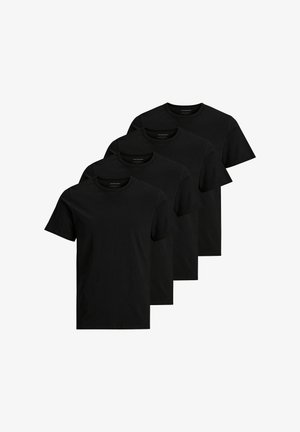 Confezione di quattro t-shirt nere in cotone. Ognuna ha un collo tondo, maniche corte e una consistenza morbida, senza motivi o grafiche visibili.