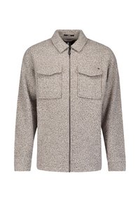 Lichtbruin textuur jasje met een rits aan de voorkant, twee borstzakken en een puntkraag. Heeft een zachte, gebreide stof en een losse pasvorm.