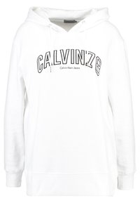 Bílá mikina s kapucí vyrobená z bavlněné směsi. Obsahuje velké černé logo "CALVINZ8" přes prsa a kapuci se stahovací šňůrkou.