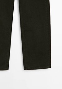 Dark green denim jeans with a straight-leg fit. Features visible stitching, a slight sheen, and no noticeable patterns or accents.