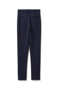 Pantaloni blu navy realizzati in tessuto elastico, con una vestibilità slim, passanti per cintura e due tasche posteriori. Design semplice con una texture liscia.