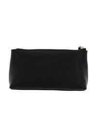 Trousse cosmétique en cuir noir avec une surface texturée, fermeture éclair et design minimaliste. Forme rectangulaire, bords lisses et accent en métal doré.