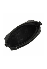 Borsa nera con un esterno liscio, chiusura con zip e un ampio interno non foderato con un branding discreto.