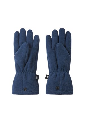 Marineblaue Fleece-Handschuhe mit einer strukturierten Oberfläche, elastischen Bündchen und schwarzen Knopfakzenten. Jede Handfläche hat ein Markenzeichen.