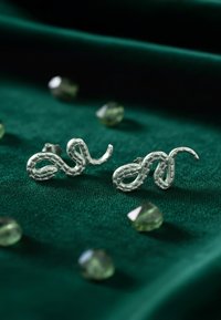 Orecchini a forma di serpente in argento con un design testurizzato, posizionati su velluto verde, circondati da piccoli gemminali verdi.
