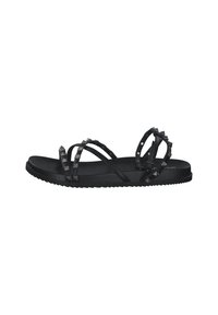 Black sandals with multiple crossed straps; textured with studs and a flat sole. The design features a durable, flexible material.