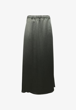 Lunga gonna nera realizzata in tessuto leggero. Presenta una vita elasticizzata e una fessura laterale per facilitare i movimenti. Tessuto morbido.