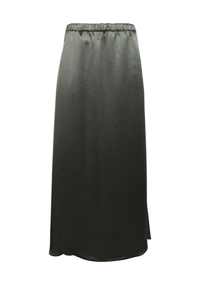 Lunga gonna nera realizzata in tessuto leggero. Presenta una vita elasticizzata e una fessura laterale per facilitare i movimenti. Tessuto morbido.