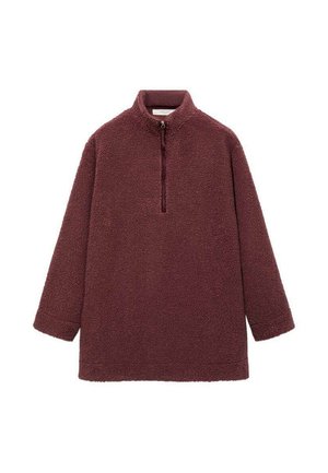 Sudadera de forro polar burdeos con un alto cuello y cremallera de media longitud. Presenta un patrón texturizado y suave, y mangas largas.