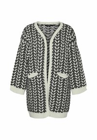 Long gilet noir et blanc avec un motif en chevrons, à l'avant ouvert, avec des manches larges et deux poches sur le devant. Texture en tricot douce.