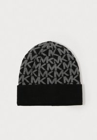 Bonnet en tricot noir et gris avec un motif répétitif "MK", tissu texturé et un revers en bas.