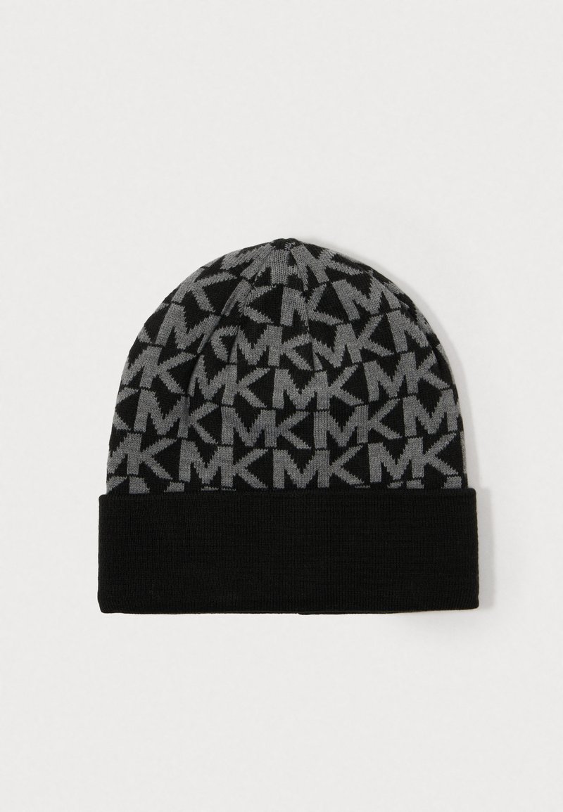 Bonnet en tricot noir et gris avec un motif répétitif "MK", tissu texturé et un revers en bas.