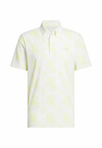 Polo shirt in pale yellow with a subtle pattern. Made of textured fabric, featuring a collar and three-button placket. Detailed logo on chest.