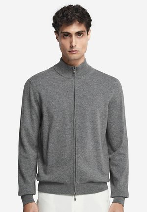 Grauer Reißverschluss-Pullover mit hohem Kragen, gerippten Bündchen und Saum. Hergestellt aus einem weichen Material mit glatter Textur, ausgestattet mit einem Frontreißverschluss.