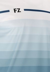Ljusblå sporttröja med horisontella ränder i olika nyanser och en svart 'FZ'-logotyp högst upp i mitten. Slät textur.