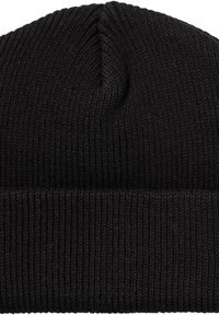 Black knitted beanie hat with a ribbed texture and a folded cuff. Material appears soft and elastic, designed for warmth and comfort.