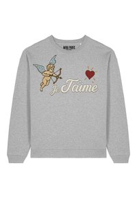 Sweat-shirt gris avec des détails brodés représentant un chérubin avec des ailes, un cœur, et le texte « Je t'aime » en police cursive.