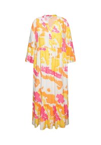 Abito midi leggero di colore bianco, con un motivo floreale acquerellato in rosa, arancione e giallo. Chiusura frontale con bottoni e orlo a strati con volant.