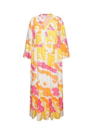 Lightweight midi dress in white, featuring a floral watercolor pattern in pink, orange, and yellow. Button-down front and tiered ruffled hem.