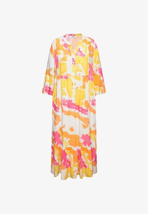 Let let midi kjole i hvid, prydet med et blomster akvarel mønster i pink, orange og gul. Knap-lukning foran og lagdelt flæsekant.