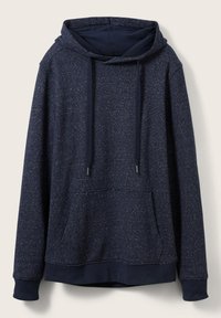 Sudadera de color azul marino hecha de tela texturizada, con un bolsillo tipo canguro, cordones y puños y dobladillo acanalados. Patrón sutil de manchas claras.