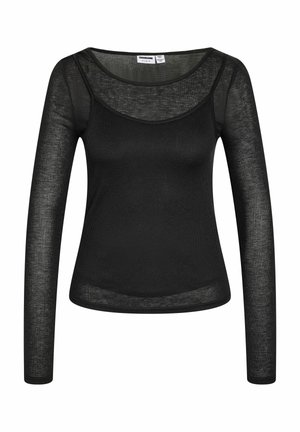 Svart, langermet, semi-gjennomsiktig topp med ribbestruktur, rund hals og en tettsittende silhuett.