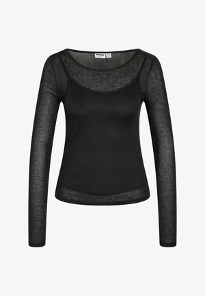 Melns garām piedurknēm puscaurspīdīgs ribots tops ar apaļu kakla izgriezumu un pieguļošu siluetu.