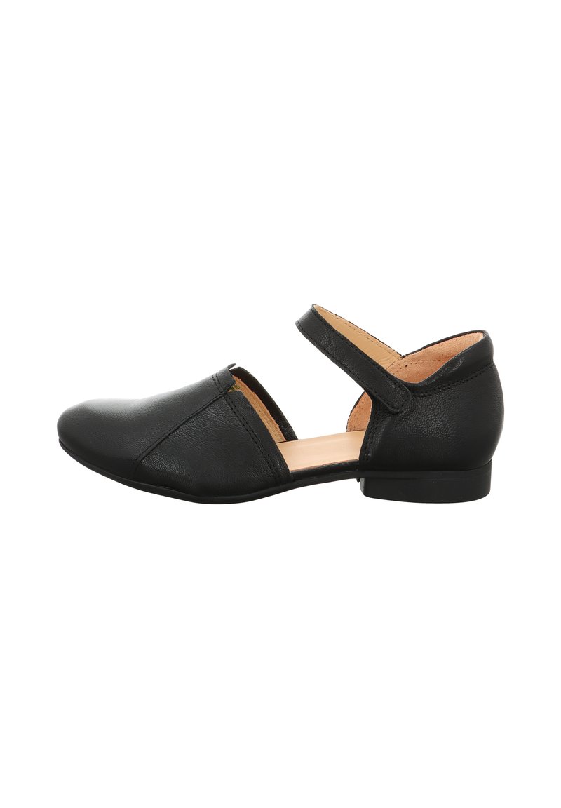 Schwarze Lederballerinas mit rundem Zehenbereich und Knöchelriemen, flache Sohle und glatter Textur. Schlichtes Design mit minimaler Verzierung.