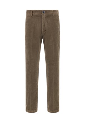 Ruskeat sametihousut suoran lahkeen designilla, joissa on nappikiinnitys ja pystyribattu pinta. Siisti helma ilman kuvioita.