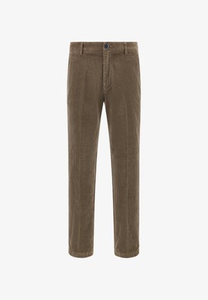 Pantalon en velours côtelé marron avec une coupe droite, doté d'une fermeture à bouton et d'une texture à côtes verticales. Ourlet propre sans motifs.