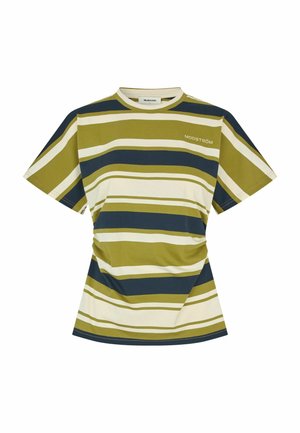 Kortærmet skjorte med horisontale striber i olivengrøn, mørkeblå og creme, med rund hals og "MODSTRÖM"-logo på brystet.