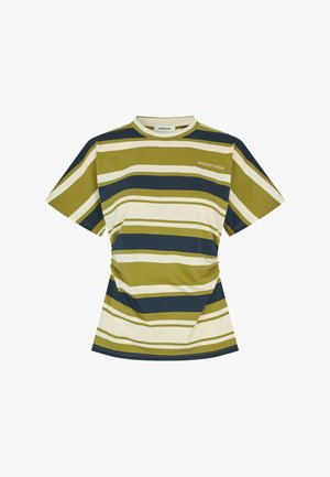 Kortærmet skjorte med horisontale striber i olivengrøn, mørkeblå og creme, med rund hals og "MODSTRÖM"-logo på brystet.