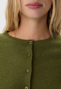 Zelený vlněný cardigan s knoflíky, který nosí osoba s světlou pletí a blond vlasy, zastřižený pod nosem, na němž je vidět tenký zlatý náhrdelník.