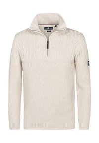 Maglione color crema con colletto a metà zip, design a trecce testurizzate nella parte superiore e polsini e orlo a costine.